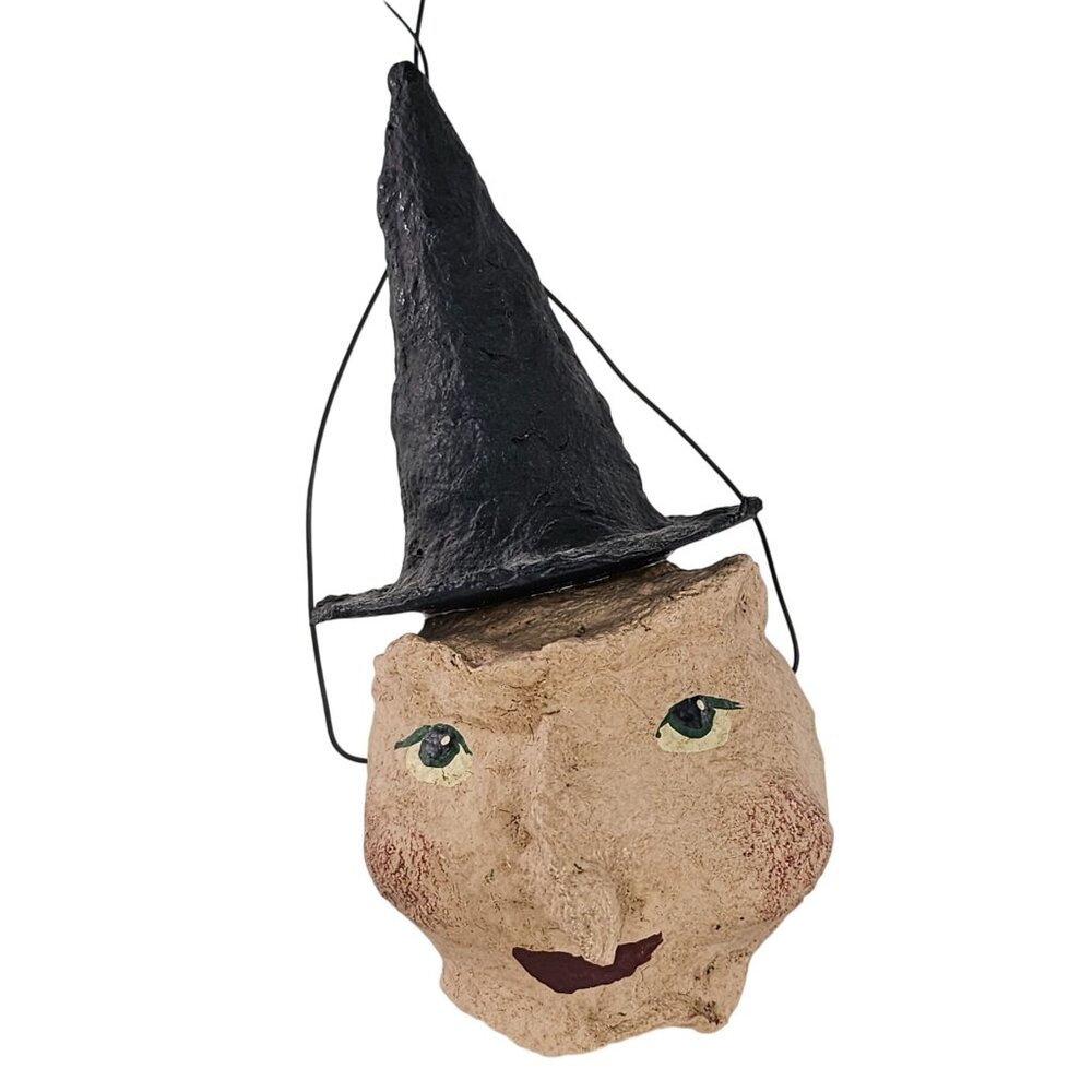 Vintage Folk Art Witch Head Black Hat Wire Hanger Signed Kim 1995 Halloween